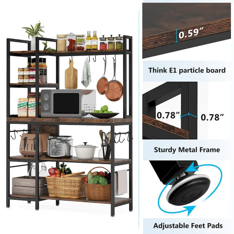 43-Inch Kitchen Bakers Rack with Microwave Stand - 5-Tier Utility Storage Shelf and 10 Hooks for Kitchen and Living Room 5