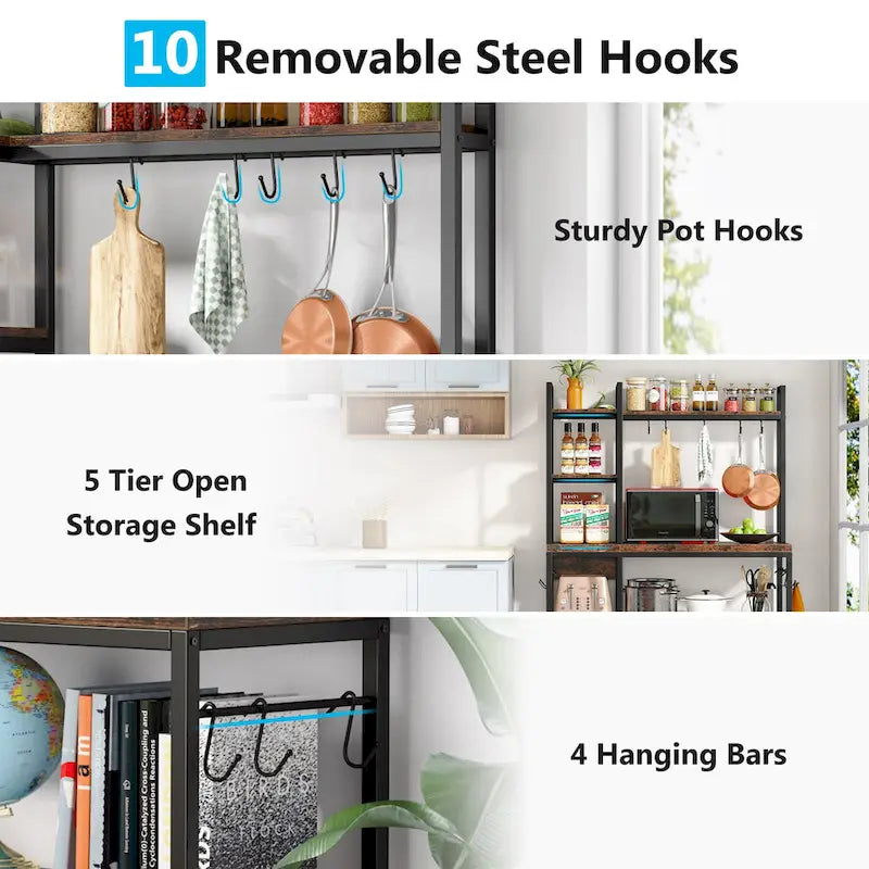 43-Inch Kitchen Bakers Rack with Microwave Stand - 5-Tier Utility Storage Shelf and 10 Hooks for Kitchen and Living Room 6