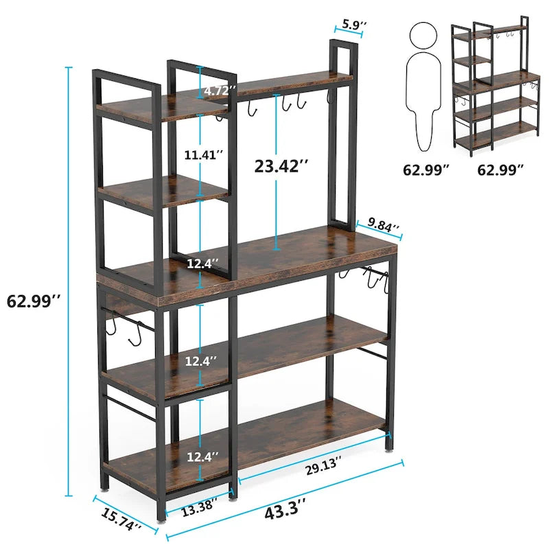 43-Inch Kitchen Bakers Rack with Microwave Stand - 5-Tier Utility Storage Shelf and 10 Hooks for Kitchen and Living Room 7