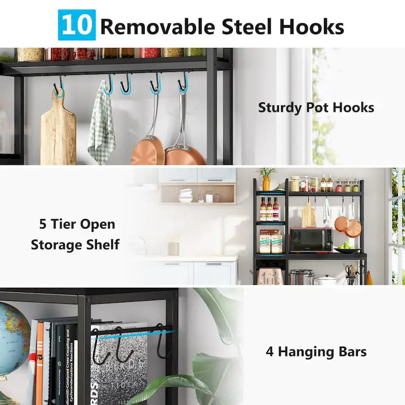 43-Inch Kitchen Bakers Rack with Microwave Stand - 5-Tier Utility Storage Shelf and 10 Hooks for Kitchen and Living Room 13