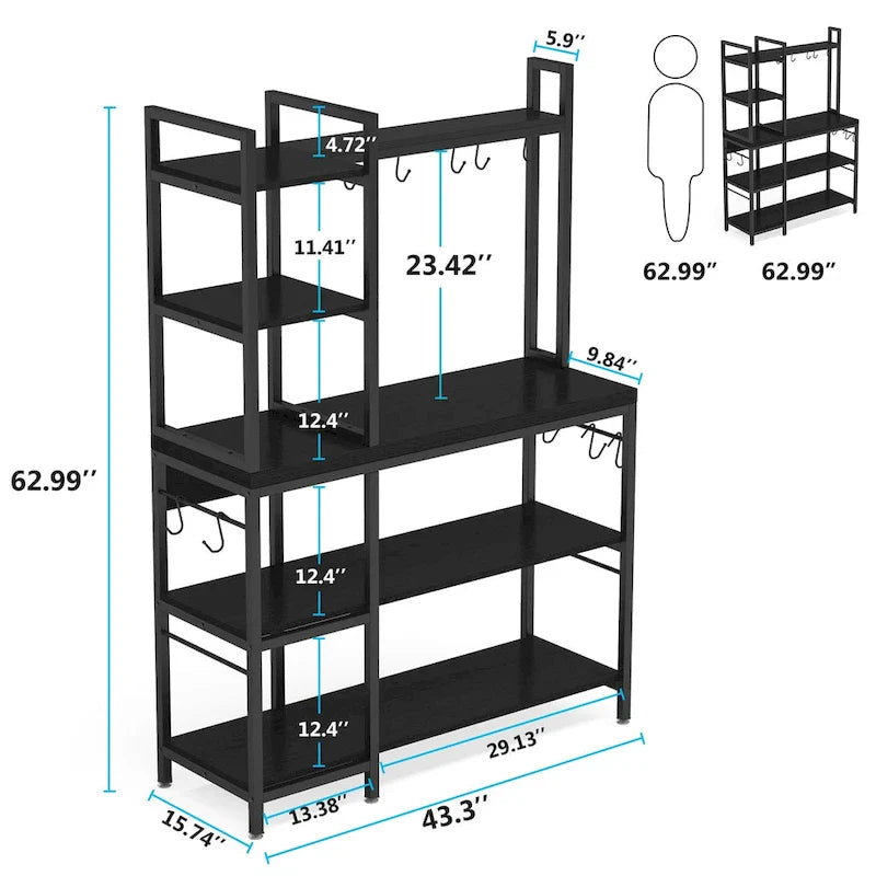 43-Inch Kitchen Bakers Rack with Microwave Stand - 5-Tier Utility Storage Shelf and 10 Hooks for Kitchen and Living Room 14