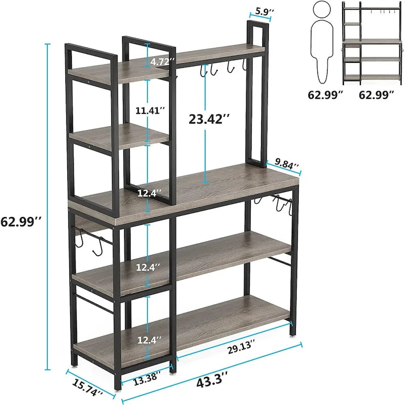 43-Inch Kitchen Bakers Rack with Microwave Stand - 5-Tier Utility Storage Shelf and 10 Hooks for Kitchen and Living Room 16