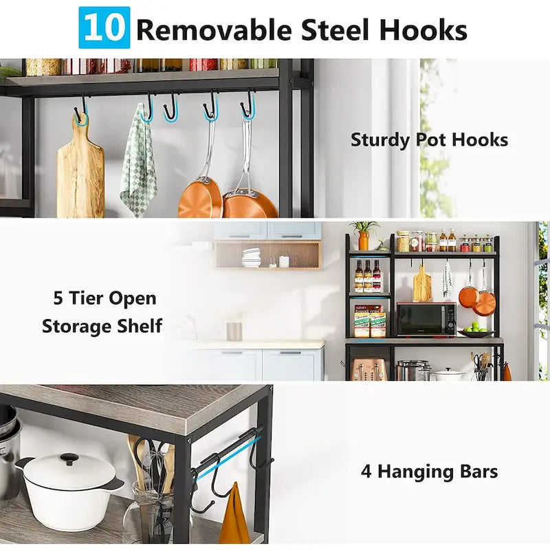 43-Inch Kitchen Bakers Rack with Microwave Stand - 5-Tier Utility Storage Shelf and 10 Hooks for Kitchen and Living Room 20