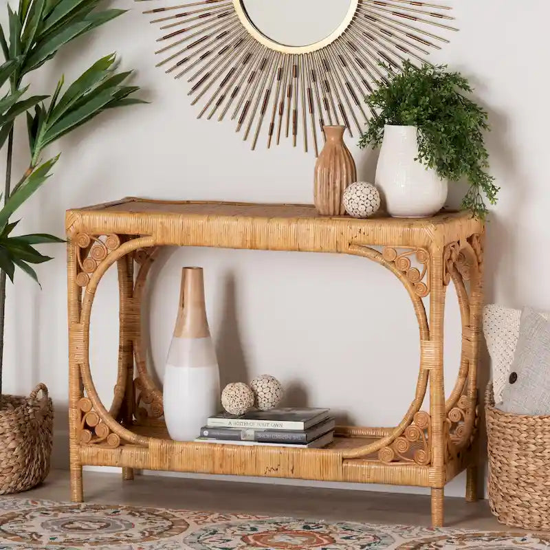 Modern Bohemian Light Honey Rattan Console Table by Bali & Pari - Ramona Collection 1