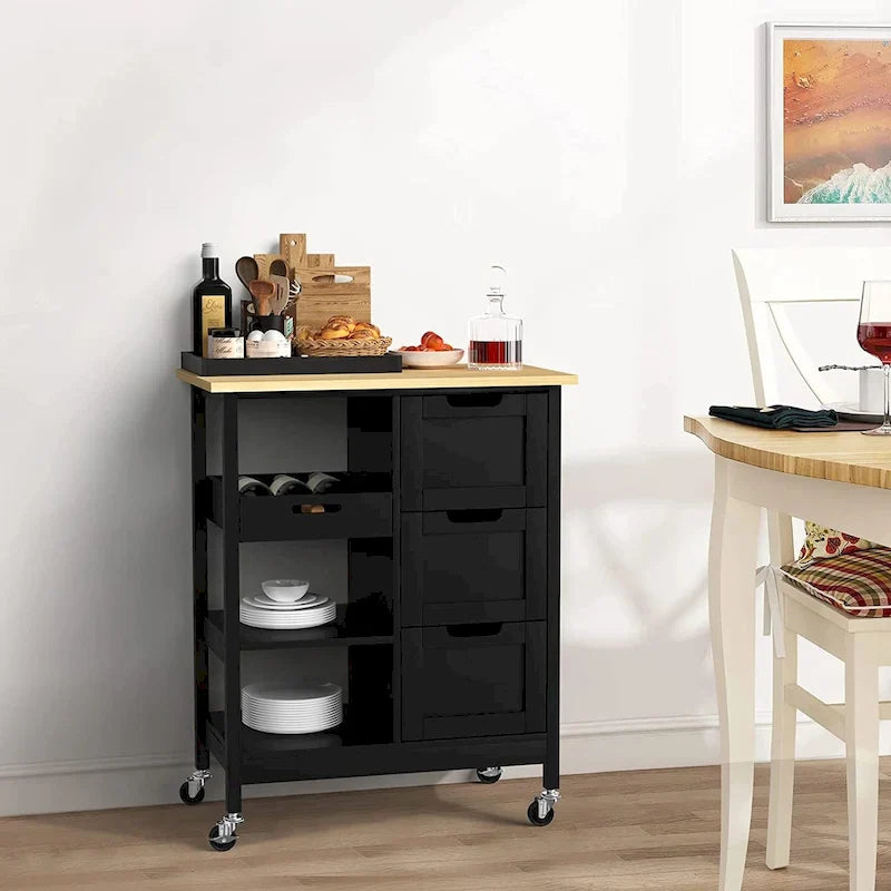 Kleio Solid Wood Kitchen Island Storage Cart with 3 Drawers - Rolling Serving Trolley 15