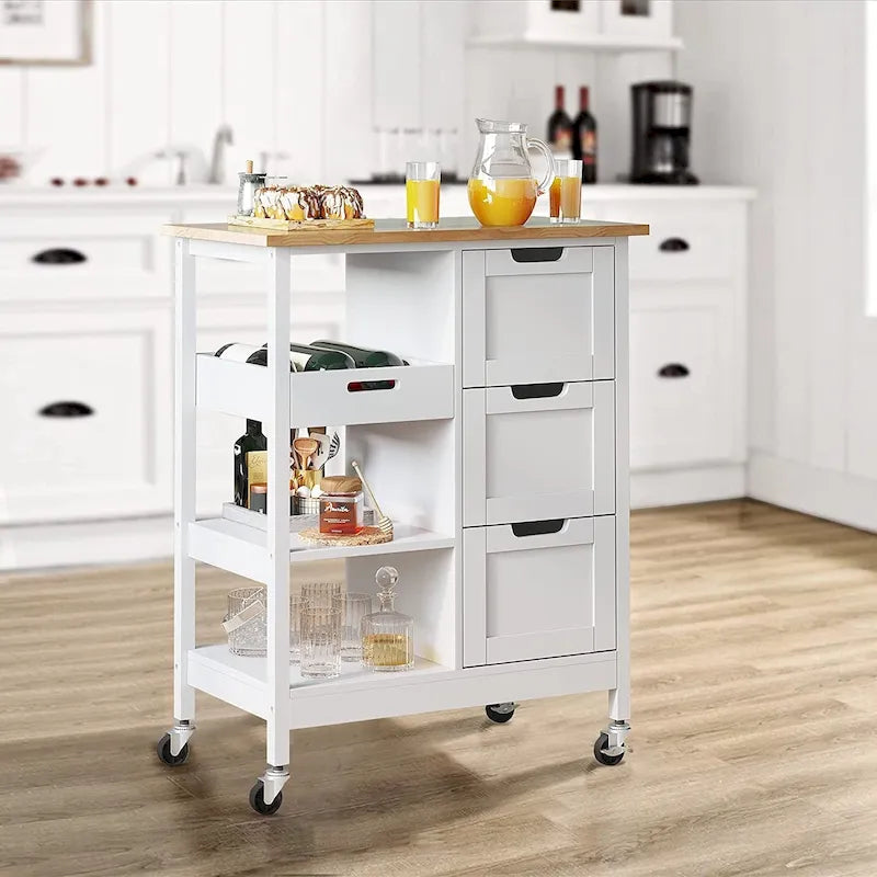 Kitchen Cart with Drawers Open Shelves and Wooden Top on Wheels 16