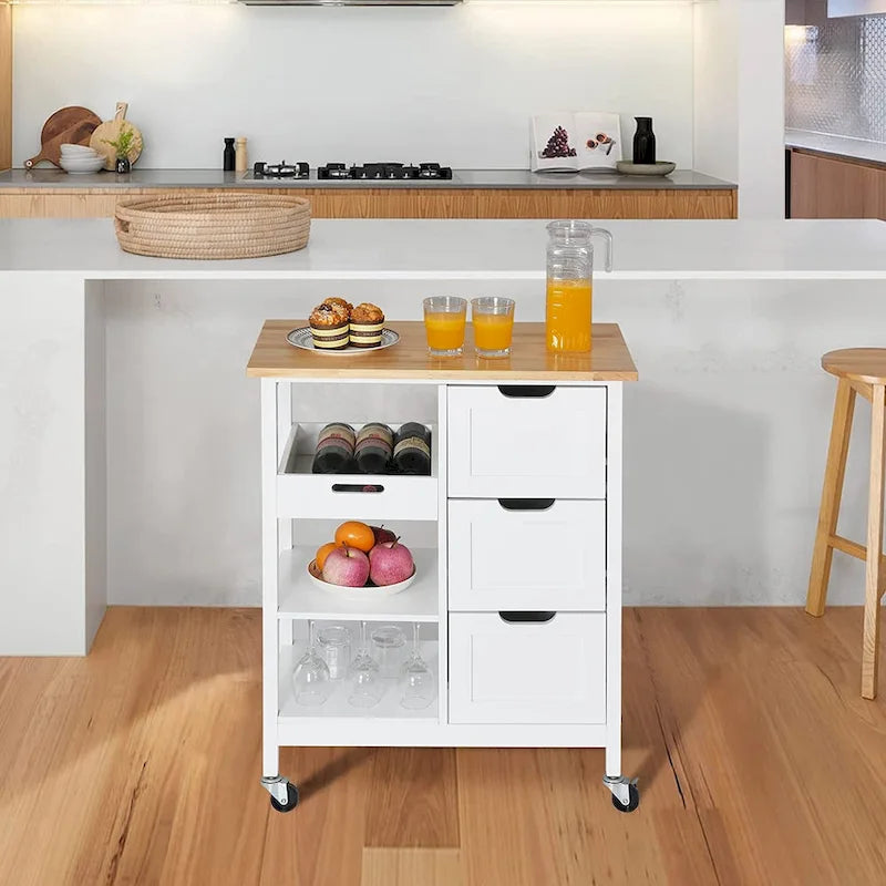 Kitchen Cart with Drawers Open Shelves and Wooden Top on Wheels