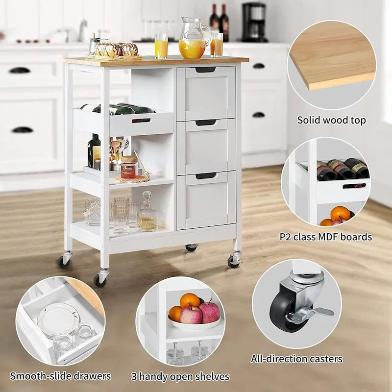 Kitchen Cart with Drawers Open Shelves and Wooden Top on Wheels 3