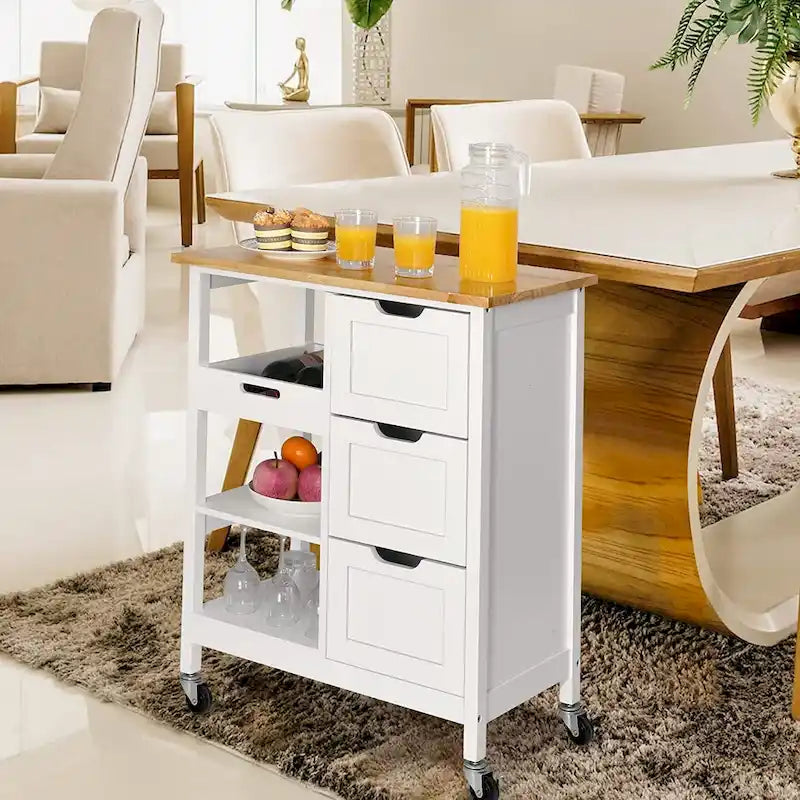 Kitchen Cart with Drawers Open Shelves and Wooden Top on Wheels 6