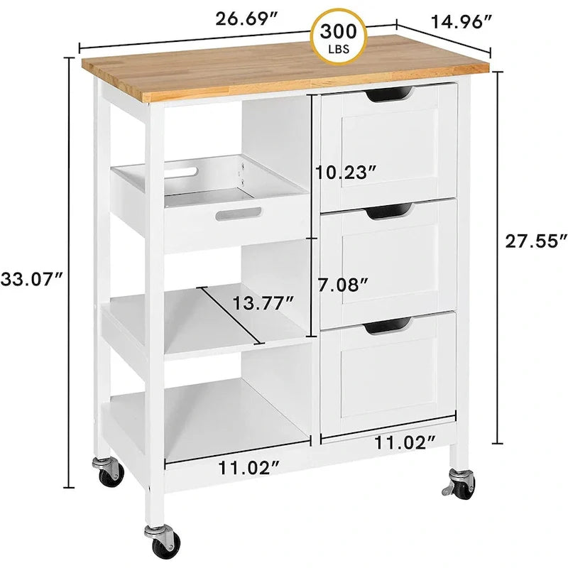 Kleio Solid Wood Kitchen Island Storage Cart with 3 Drawers - Rolling Serving Trolley 7
