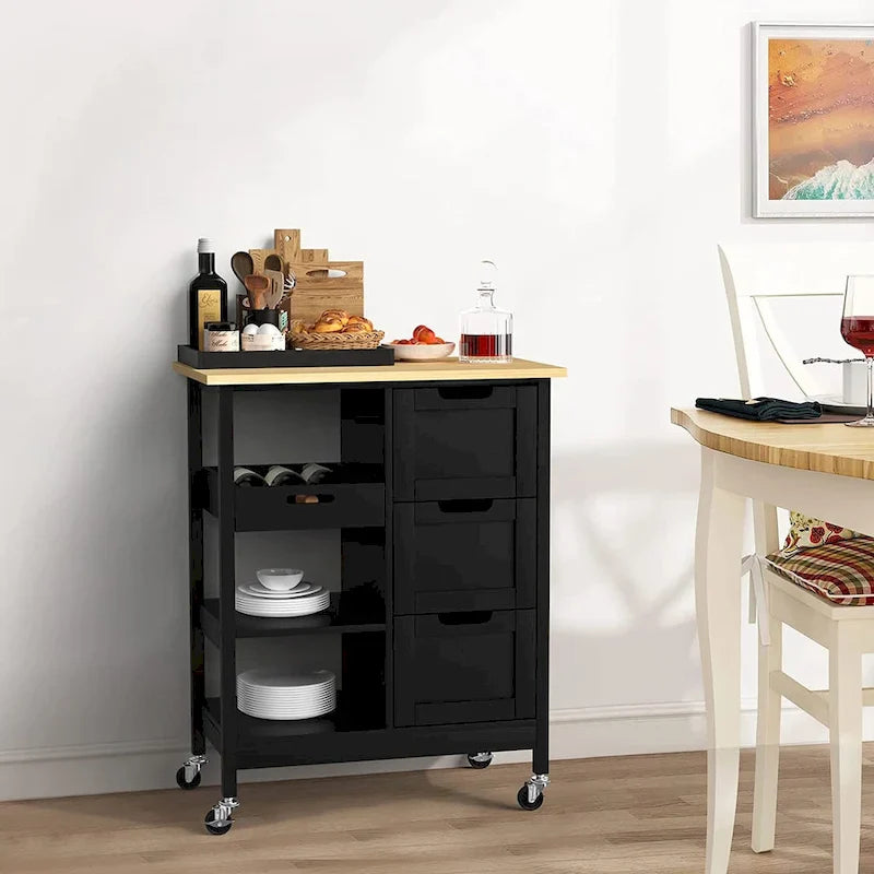 Kleio Solid Wood Kitchen Island Storage Cart with 3 Drawers - Rolling Serving Trolley 8