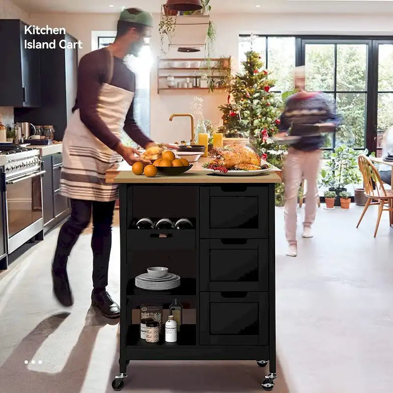 Kitchen Cart with Drawers Open Shelves and Wooden Top on Wheels 9