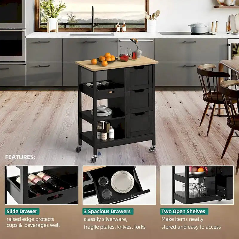 Kleio Solid Wood Kitchen Island Storage Cart with 3 Drawers - Rolling Serving Trolley 10
