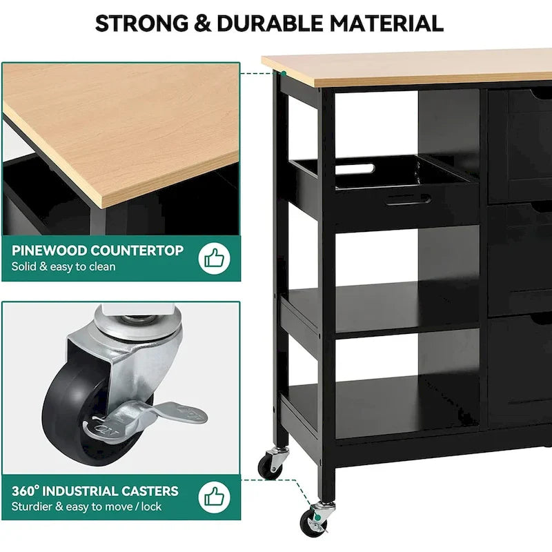 Kleio Solid Wood Kitchen Island Storage Cart with 3 Drawers - Rolling Serving Trolley 11