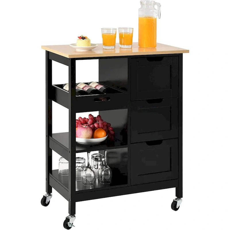 Kitchen Cart with Drawers Open Shelves and Wooden Top on Wheels 12