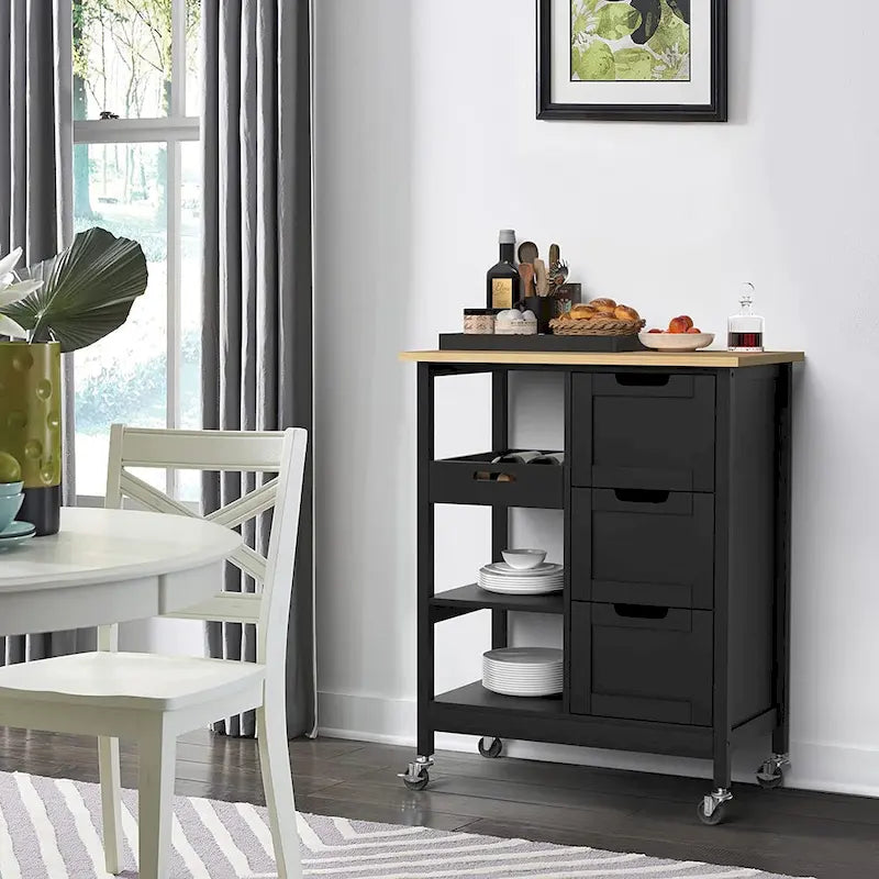 Kleio Solid Wood Kitchen Island Storage Cart with 3 Drawers - Rolling Serving Trolley 13
