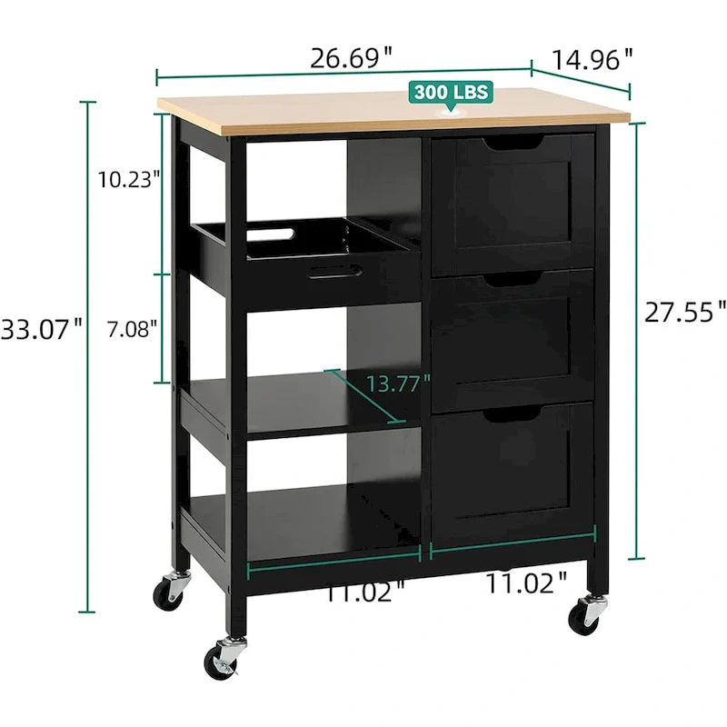 Kitchen Cart with Drawers Open Shelves and Wooden Top on Wheels 14