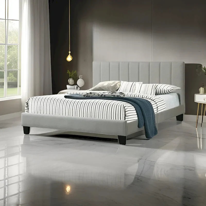 Eve California King Bed with Deep Channel Tufting in Light Gray Upholstery 1
