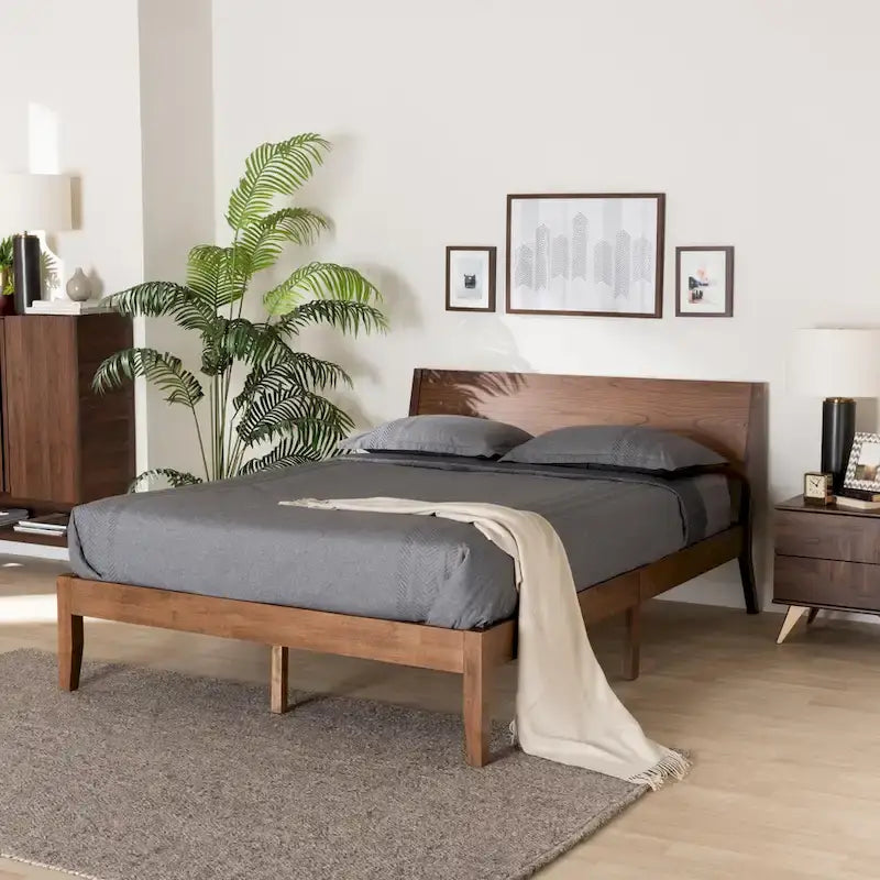 Salvatore Mid-Century Modern Walnut Brown Wood Platform Bed 1