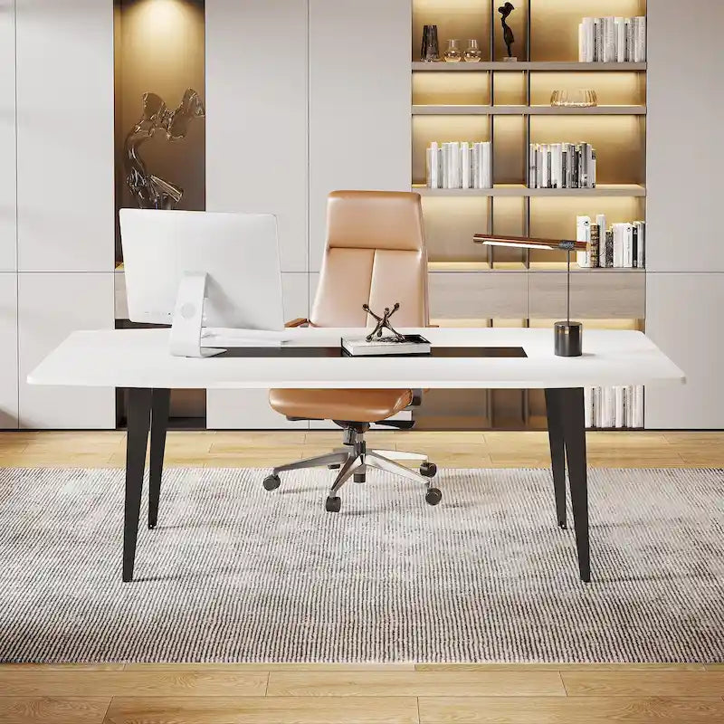 70.86-Inch White Boat-Shaped Office Desk with Sturdy Metal Legs 8