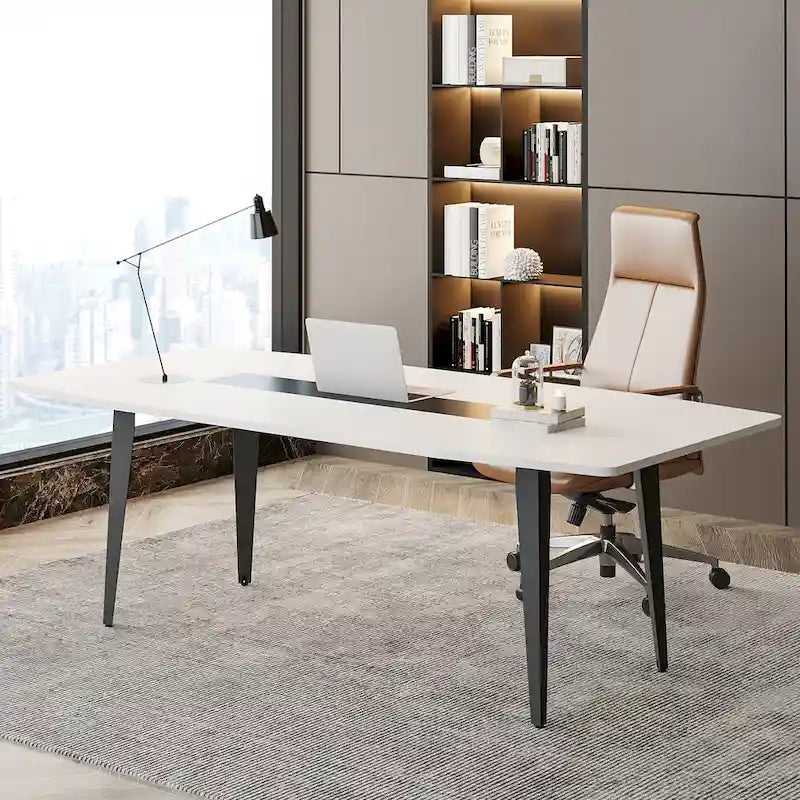 70.86-Inch White Boat-Shaped Office Desk with Sturdy Metal Legs 2