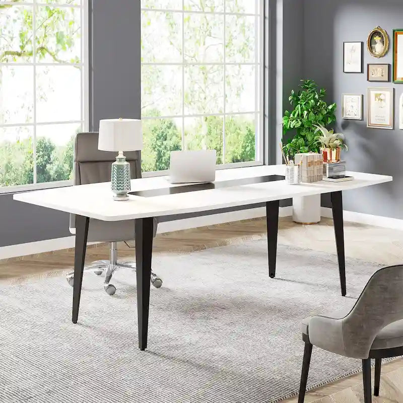 70.86-Inch White Boat-Shaped Office Desk with Sturdy Metal Legs 3