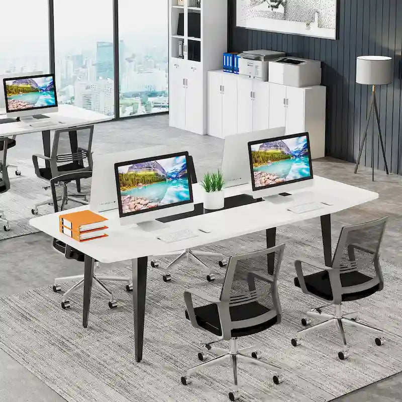 70.86-Inch White Boat-Shaped Office Desk with Sturdy Metal Legs 4