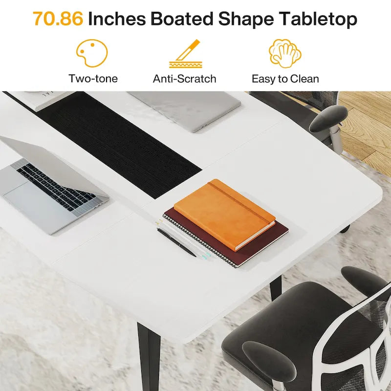 70.86-Inch White Boat-Shaped Office Desk with Sturdy Metal Legs 5