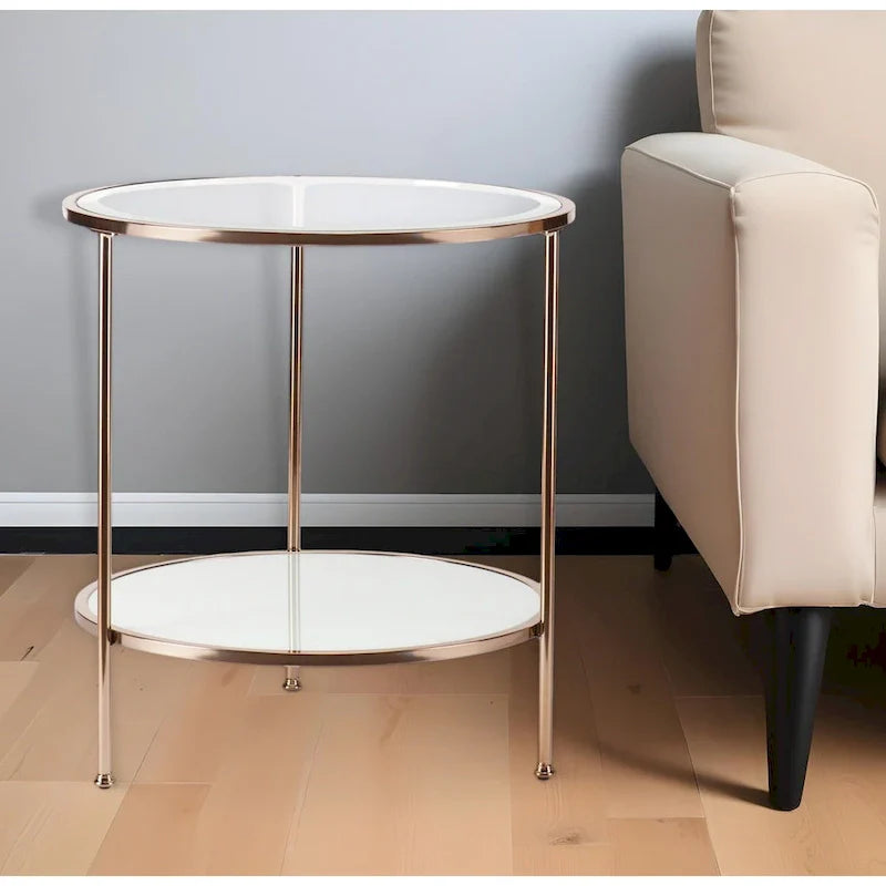 HomeRoots 26-Inch Gold Glass and Iron Round End Table with Shelf - Dimensions: 24.25 x 24.25 x 26.25 Inches 1