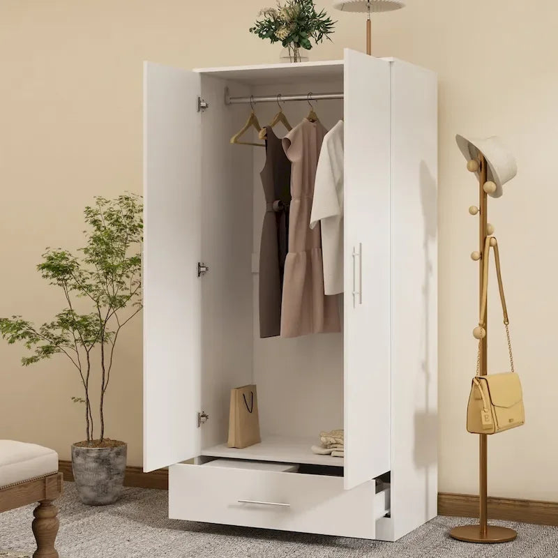 Black and White Wardrobe Armoire Closet with Drawer - 31.5W x 66.9H 2