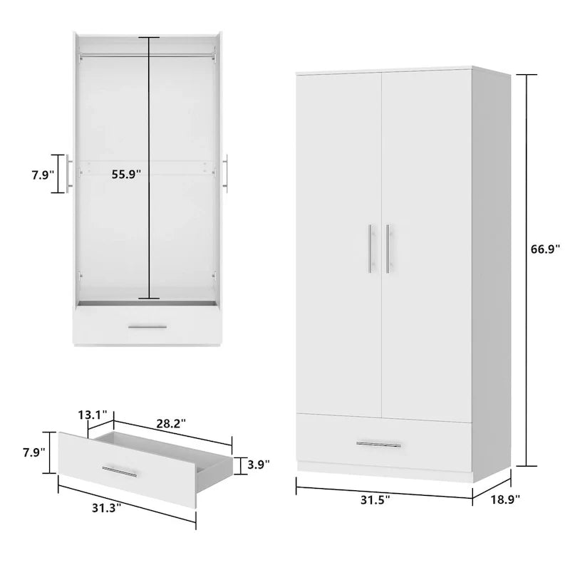 Black and White Wardrobe Armoire Closet with Drawer - 31.5W x 66.9H 6