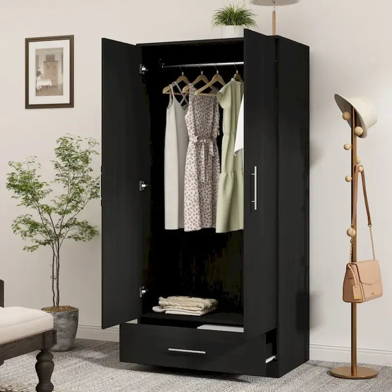 Black and White Wardrobe Armoire Closet with Drawer - 31.5W x 66.9H 16