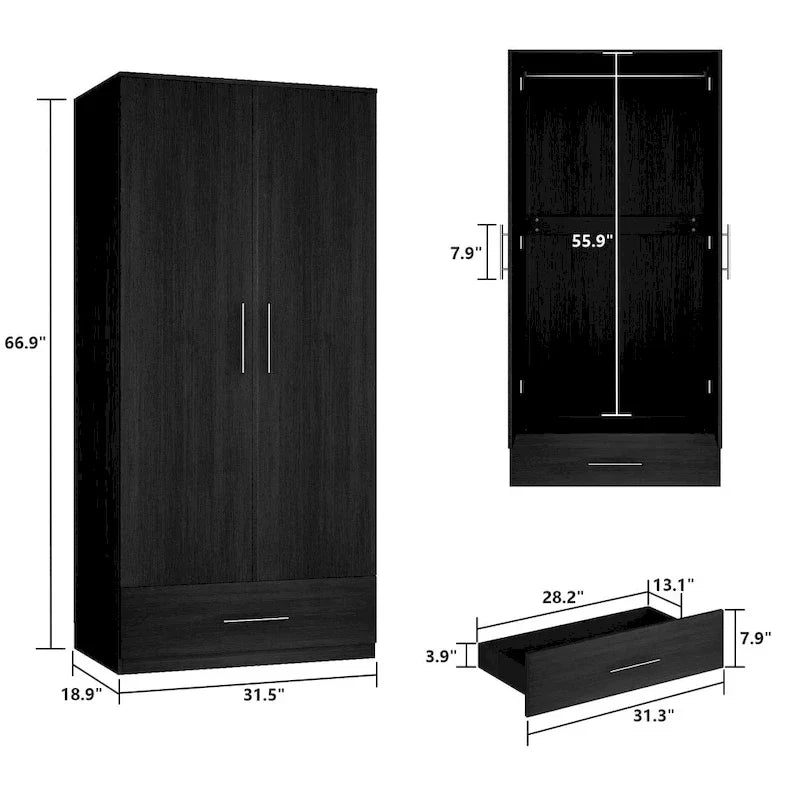Black and White Wardrobe Armoire Closet with Drawer - 31.5W x 66.9H 22