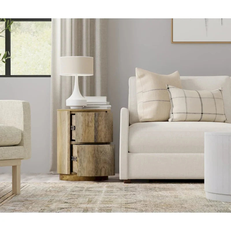 Round Nightstand with 2 Drawers Wooden Bedside Table 16