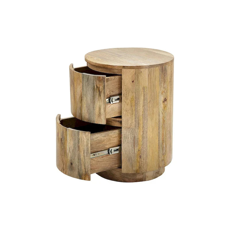 Round Nightstand with 2 Drawers Wooden Bedside Table