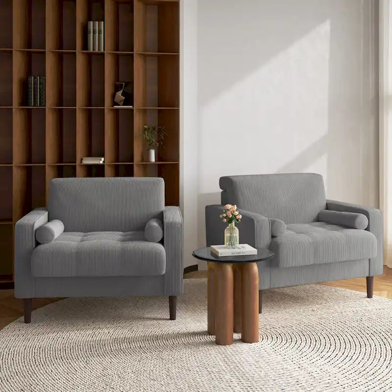 Set of 2 Modern Wide Armchairs in Corduroy - Accent Chairs 7