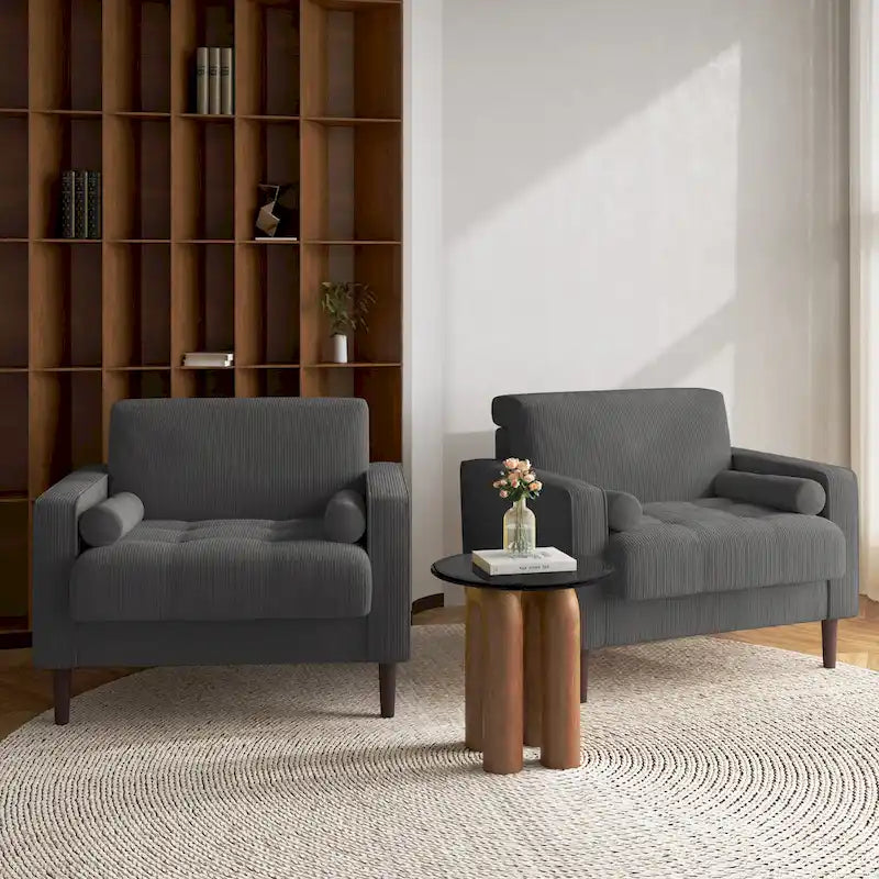 Set of 2 Modern Wide Armchairs in Corduroy - Accent Chairs 9