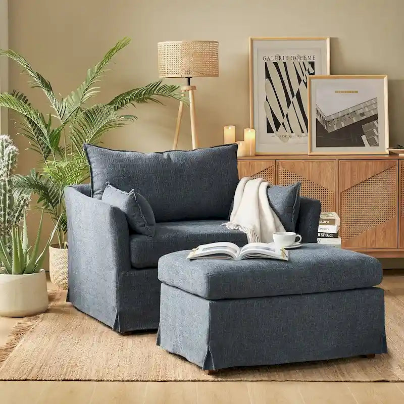 Sophie Contemporary Oversized Slipcovered Armchair and Ottoman with Lockable Rear Wheels 31