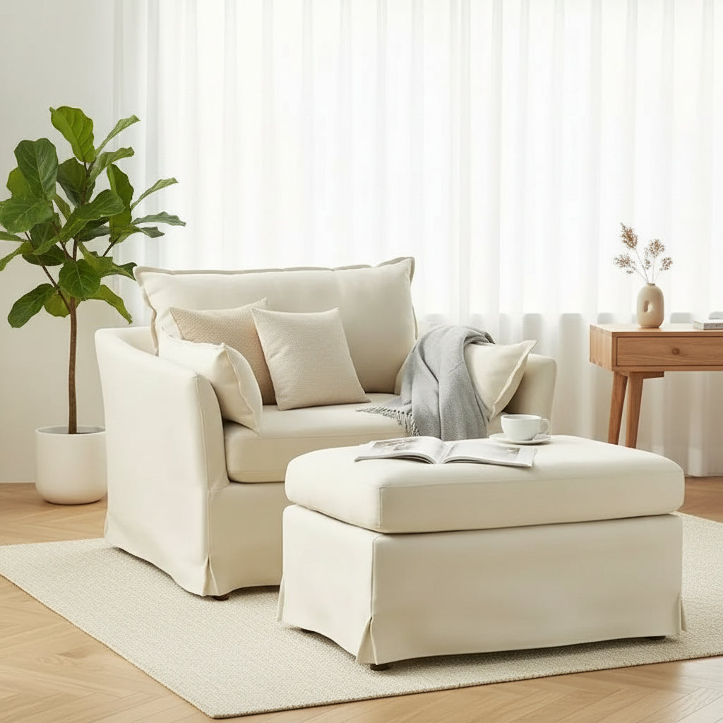 Sophie Contemporary Oversized Slipcovered Armchair and Ottoman with Lockable Rear Wheels 32