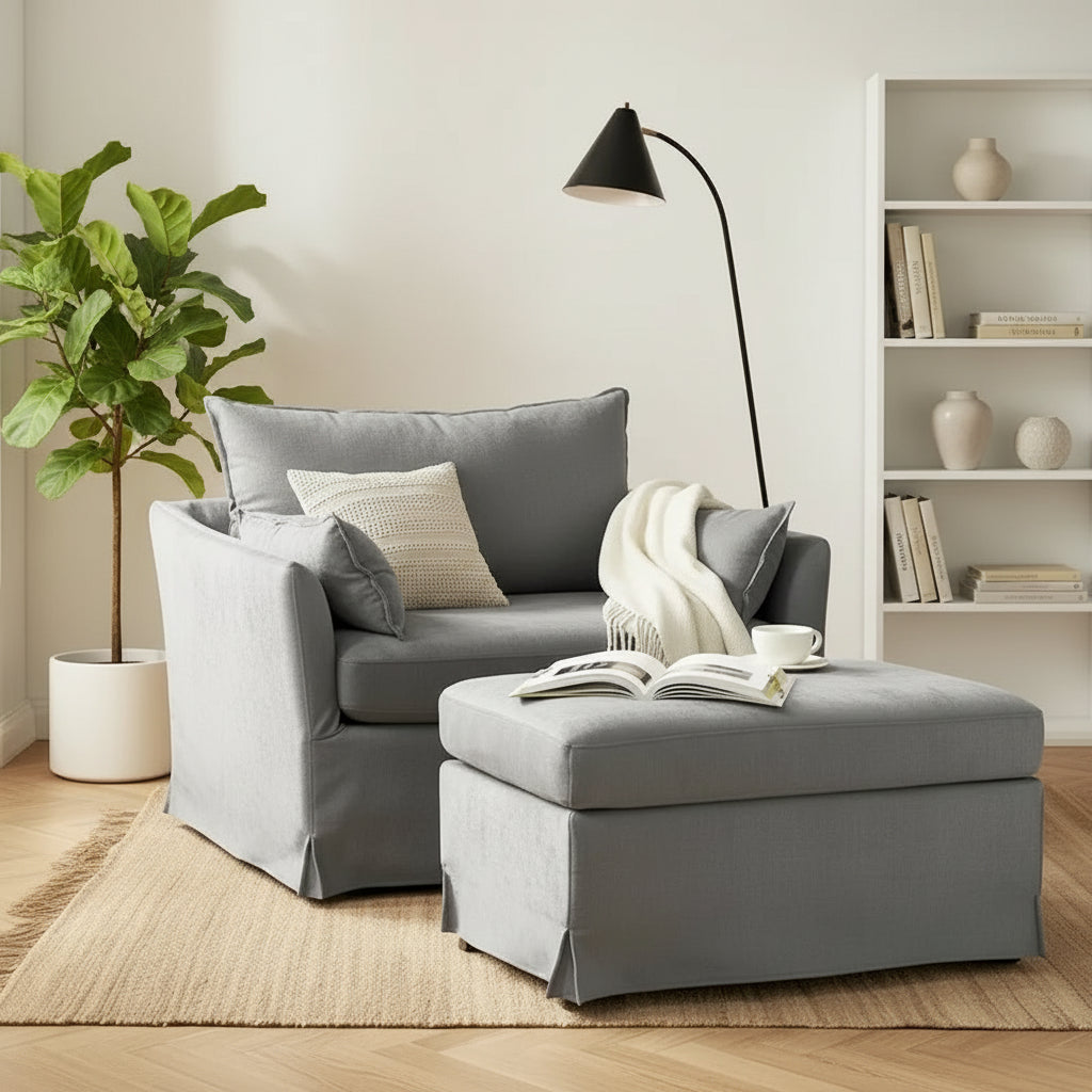 Sophie Contemporary Oversized Slipcovered Armchair and Ottoman with Lockable Rear Wheels 33