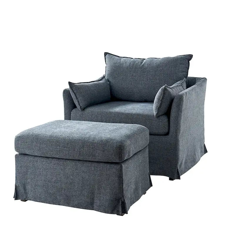 Sophie Contemporary Oversized Slipcovered Armchair and Ottoman with Lockable Rear Wheels by HULALA HOME