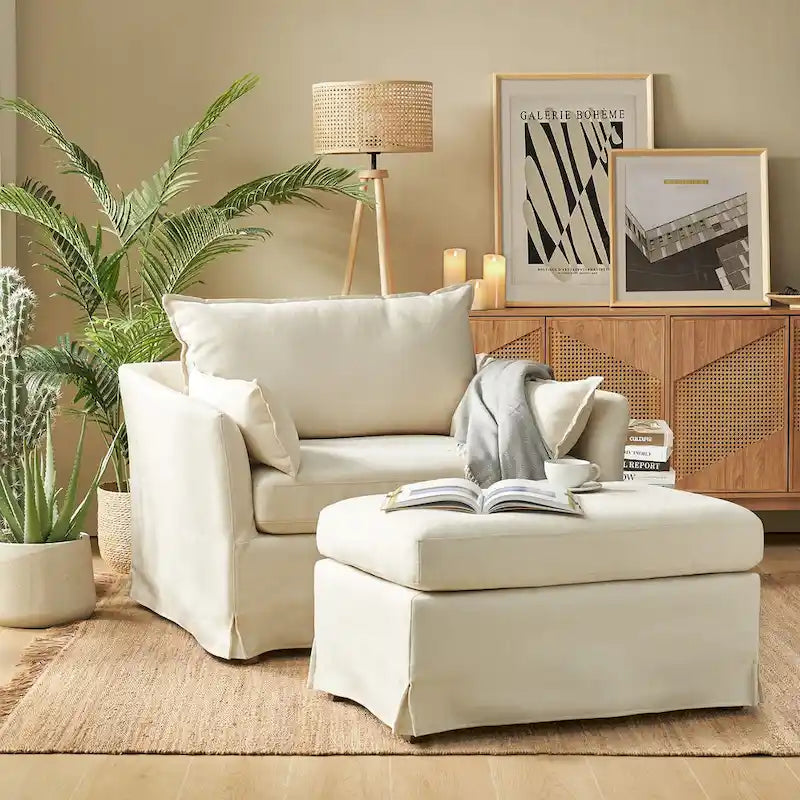 Sophie Contemporary Oversized Slipcovered Armchair and Ottoman with Lockable Rear Wheels 13