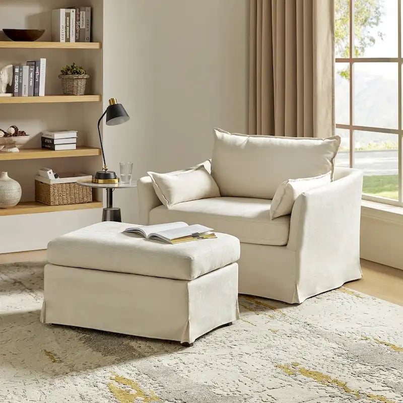Sophie Contemporary Oversized Slipcovered Armchair and Ottoman with Lockable Rear Wheels 16