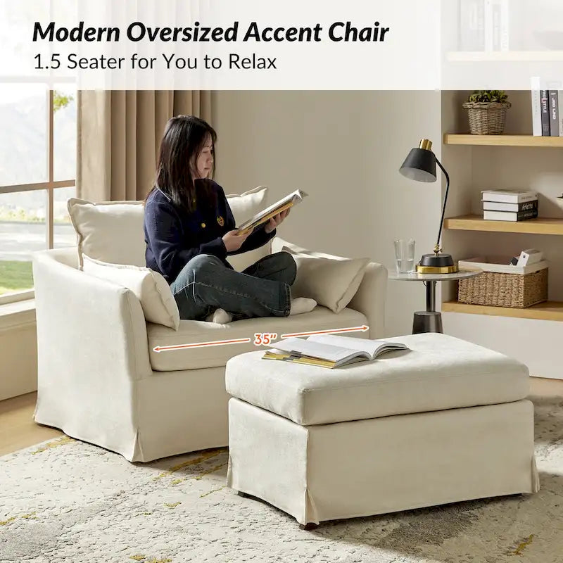 Sophie Contemporary Oversized Slipcovered Armchair and Ottoman with Lockable Rear Wheels 17