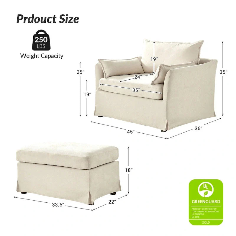 Sophie Contemporary Oversized Slipcovered Armchair and Ottoman with Lockable Rear Wheels 20