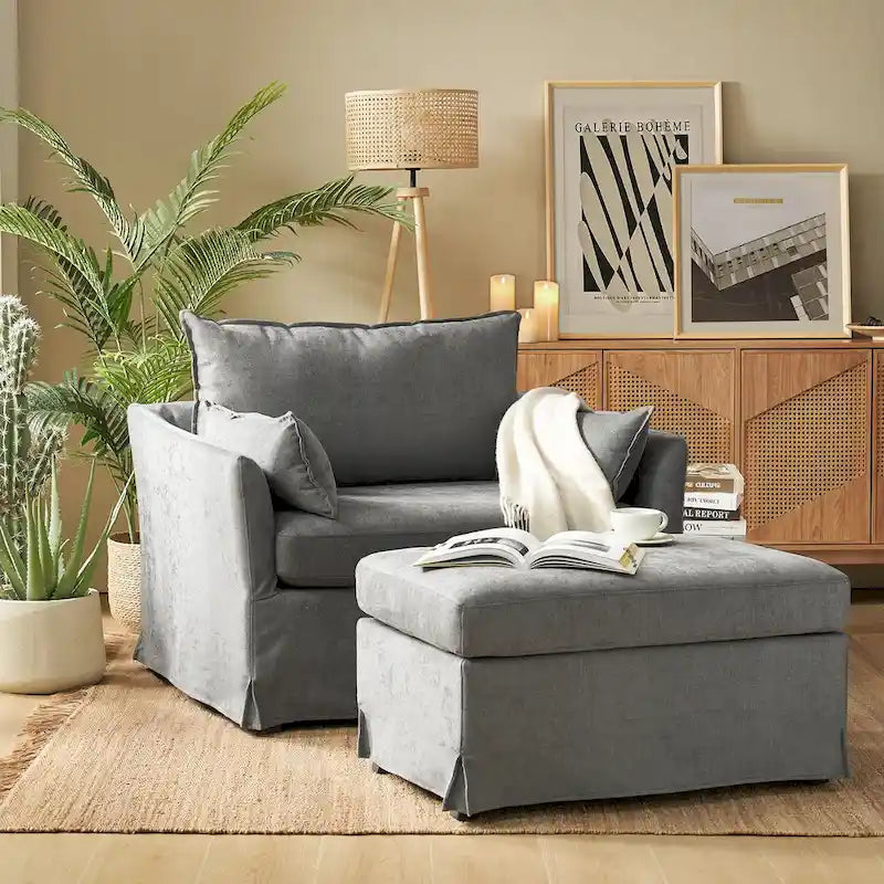 Sophie Contemporary Oversized Slipcovered Armchair and Ottoman with Lockable Rear Wheels 22