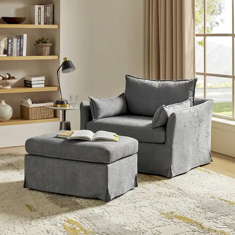 Sophie Contemporary Oversized Slipcovered Armchair and Ottoman with Lockable Rear Wheels 24