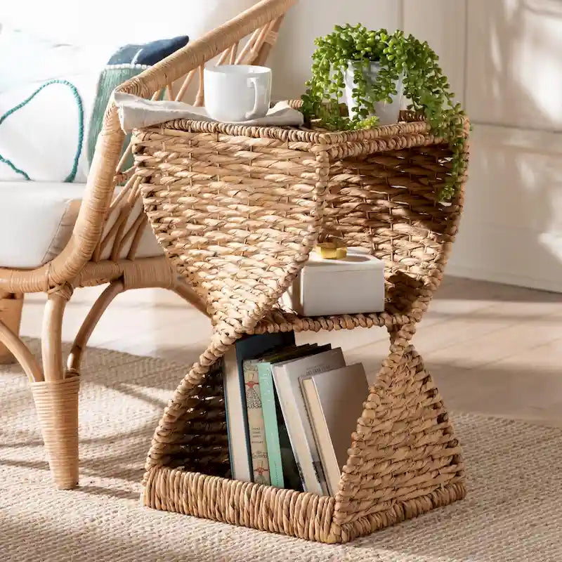 Pelleas Contemporary Bohemian Natural Brown Seagrass and Wood Side Table 1