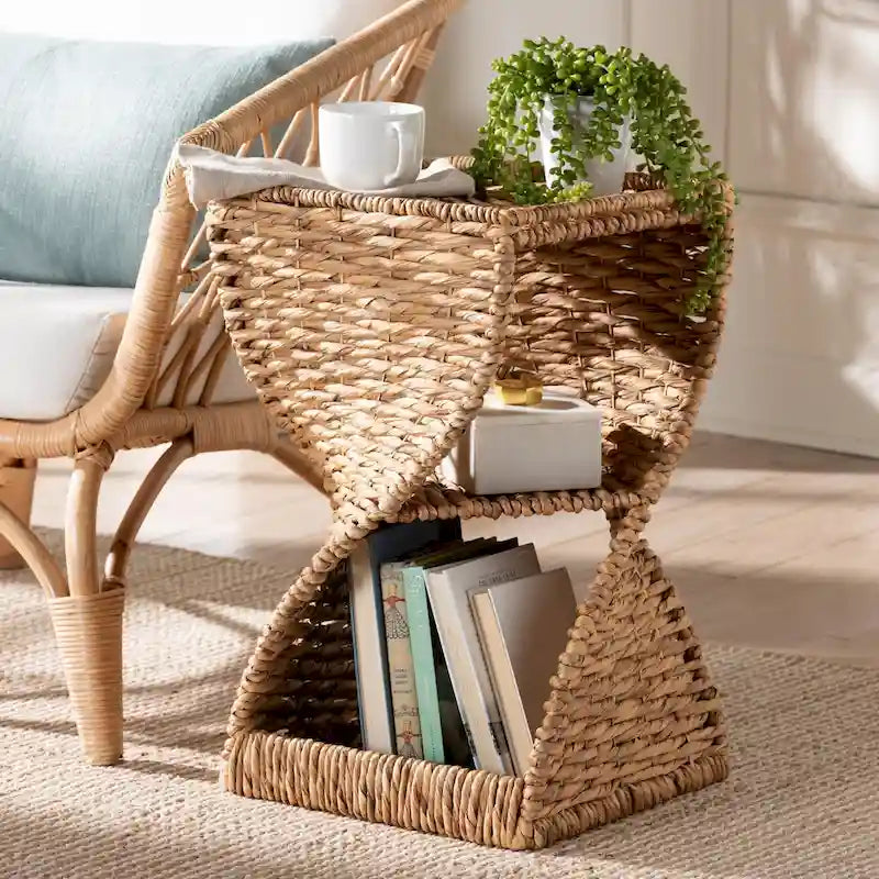 Pelleas Contemporary Bohemian Natural Brown Seagrass and Wood Side Table 7