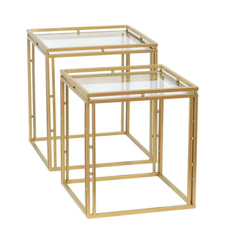 Set of 2 Antique Gold Nested Square Side Tables 2